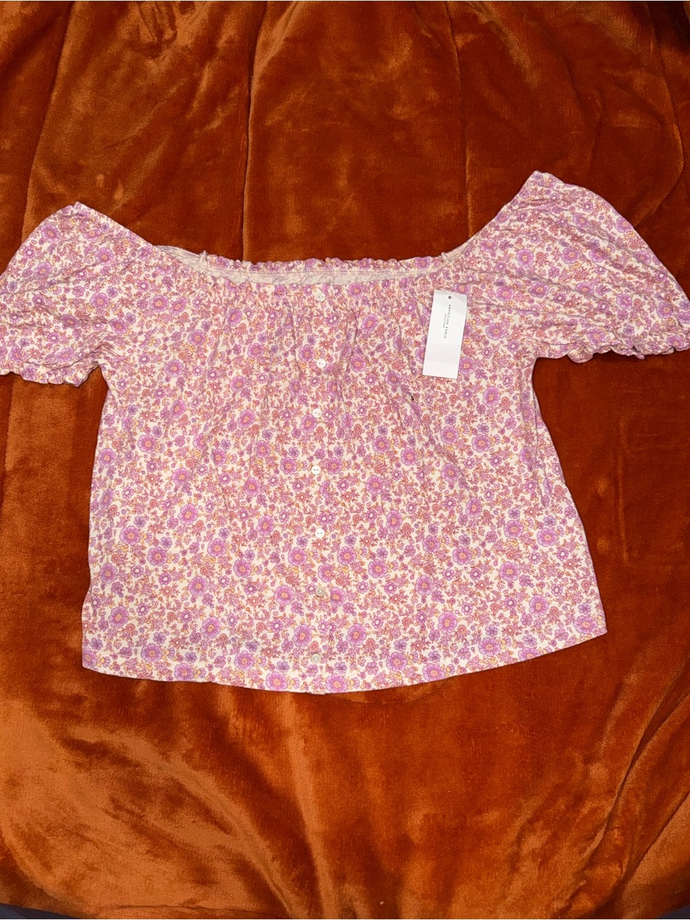 American Eagle Outfitters Pink Floral Off-Shoulder Crop Top